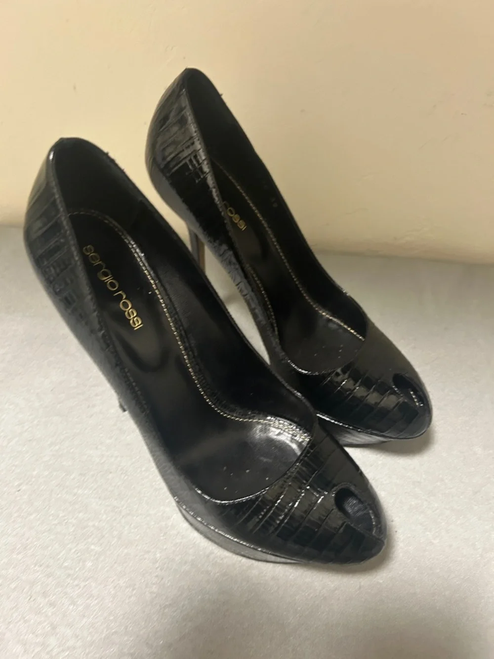 Sergio Rossi Black Patent Croc-Embossed Peep-Toe Heels